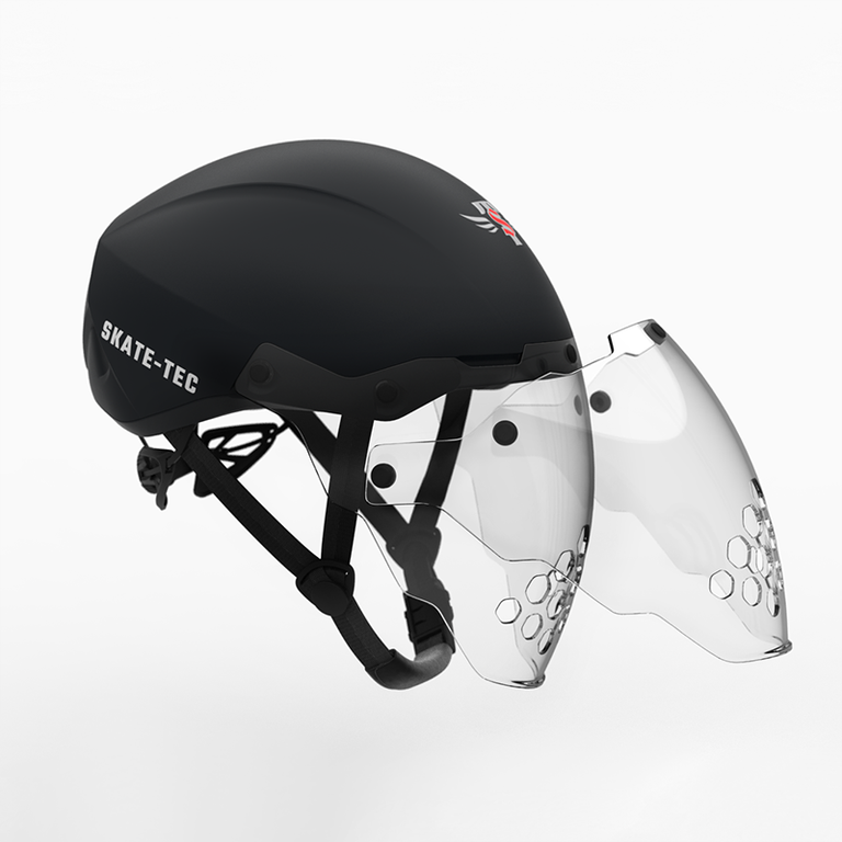 Detachable magnetic visor shield on Skate-Tec Helmet 025 for Short Track