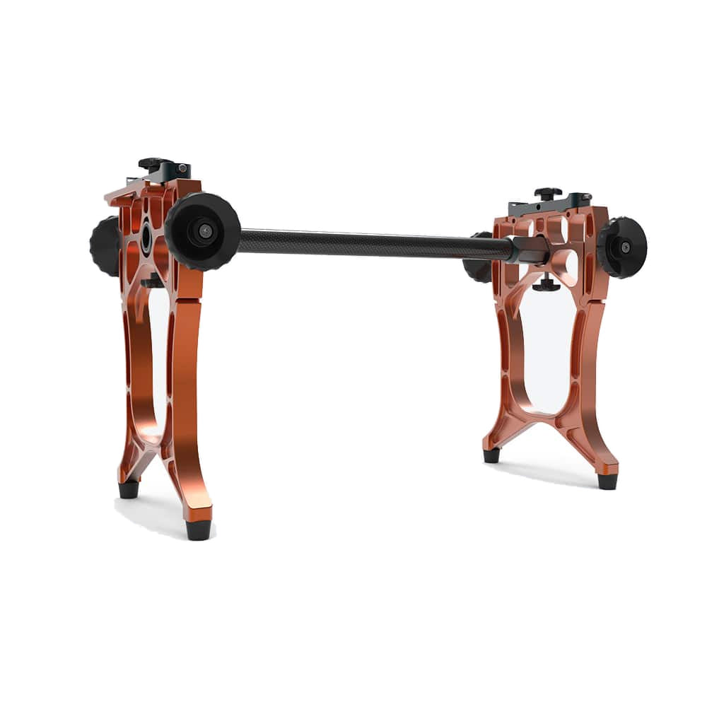 Skate-Tec Short Track Jig Pro — orange aluminium sharpening jig with carbon mid tube, photographed for Shorttrack Equipment